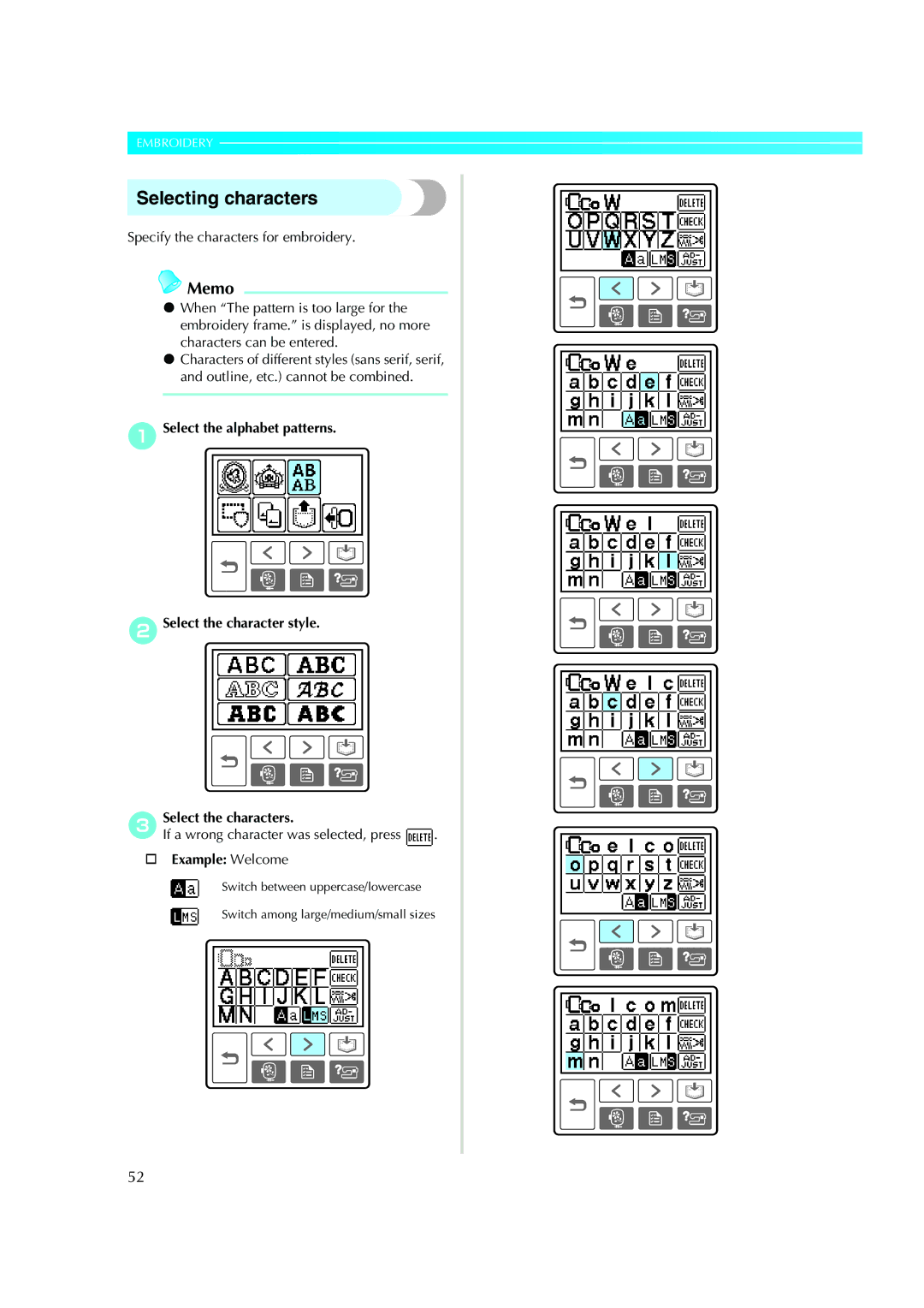 Brother Computerized Embroidery Machine operation manual Selecting characters, † Example Welcome 