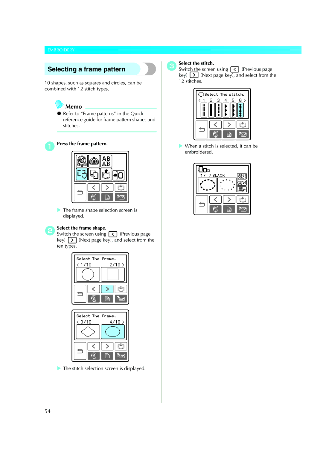 Brother Computerized Embroidery Machine Selecting a frame pattern, Press the frame pattern, BSelect the frame shape 