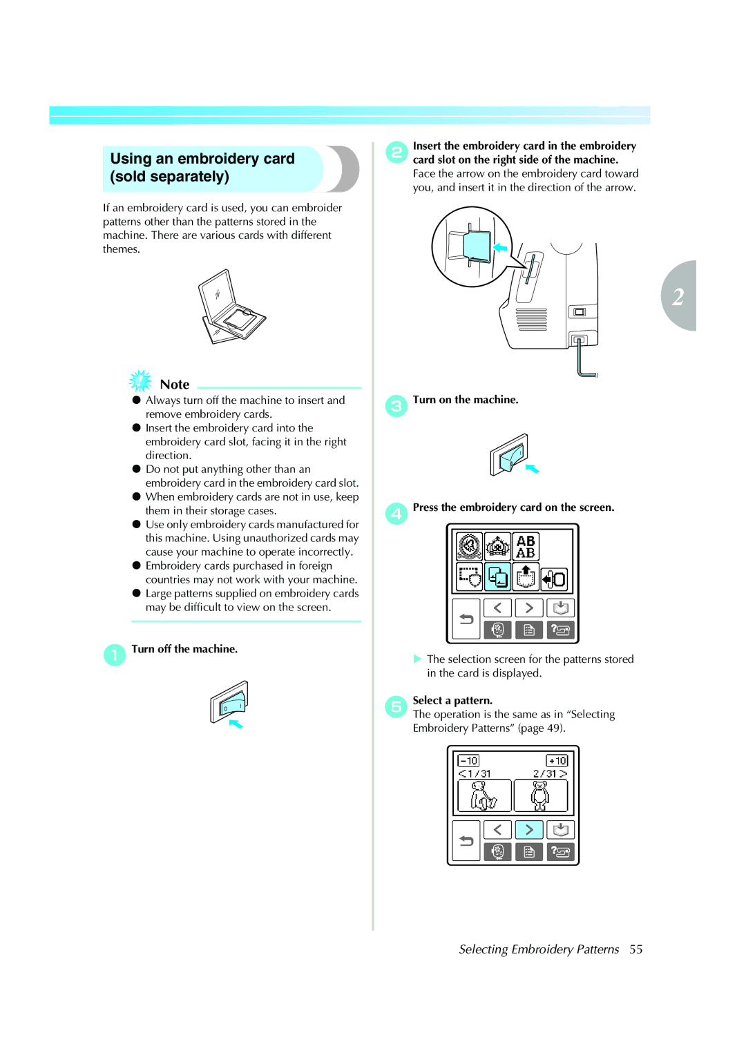 Brother Computerized Embroidery Machine operation manual Using an embroidery card sold separately, Select a pattern 