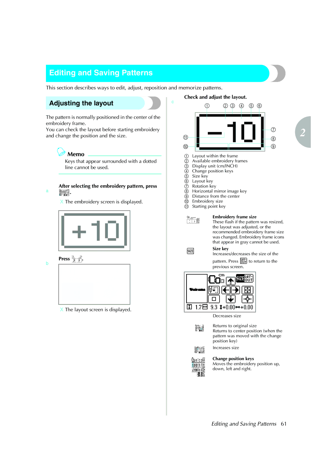 Brother Computerized Embroidery Machine operation manual Editing and Saving Patterns, Adjusting the layout, Press 