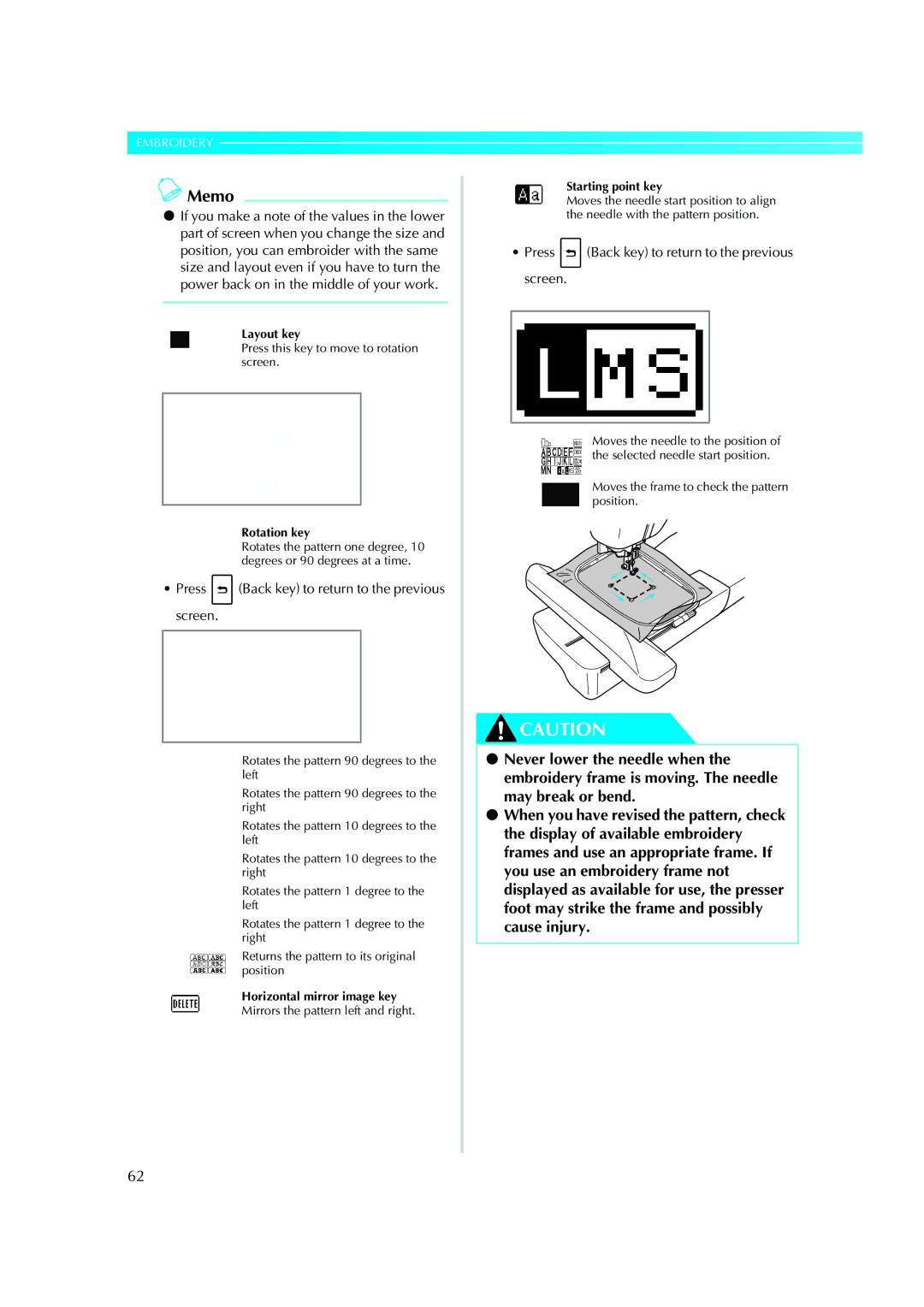 Brother Computerized Embroidery Machine operation manual Press Back key to return to the previous screen 