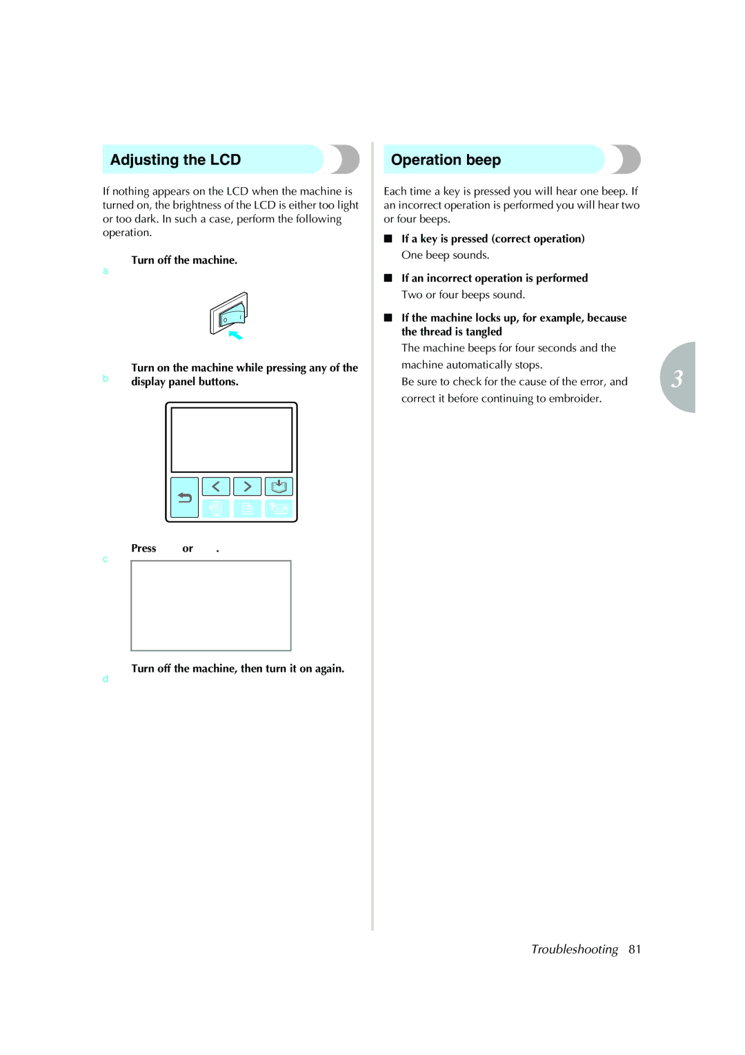 Brother Computerized Embroidery Machine operation manual Adjusting the LCD, Operation beep 