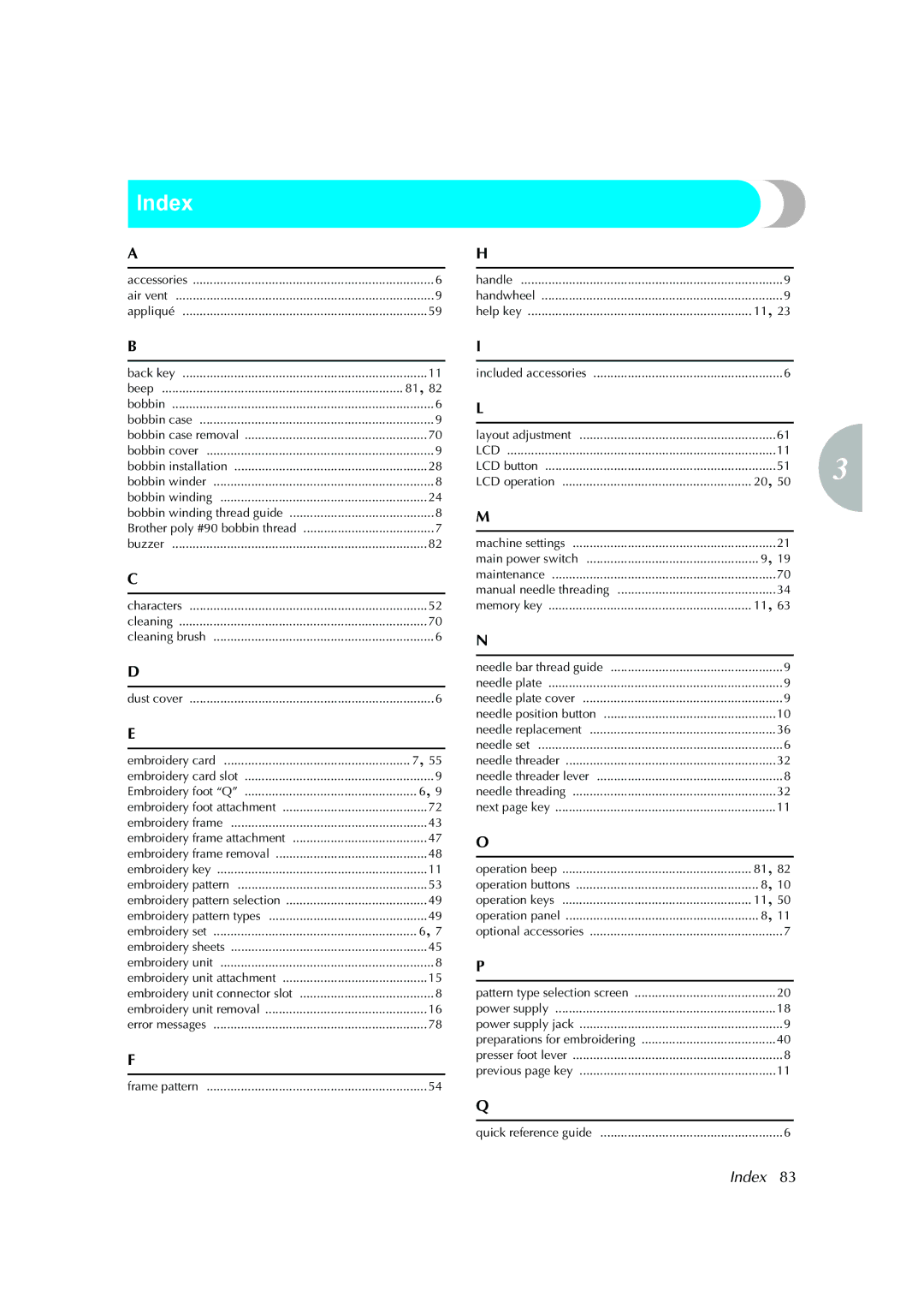 Brother Computerized Embroidery Machine operation manual Index 