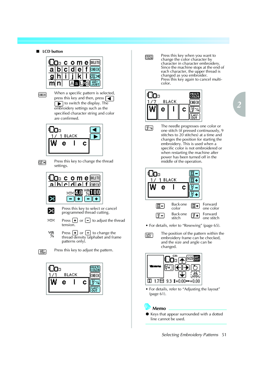 Brother Computerized Embroidery Machine Memo, Selecting Embroidery Patterns, LCD button, one color, one stitch 