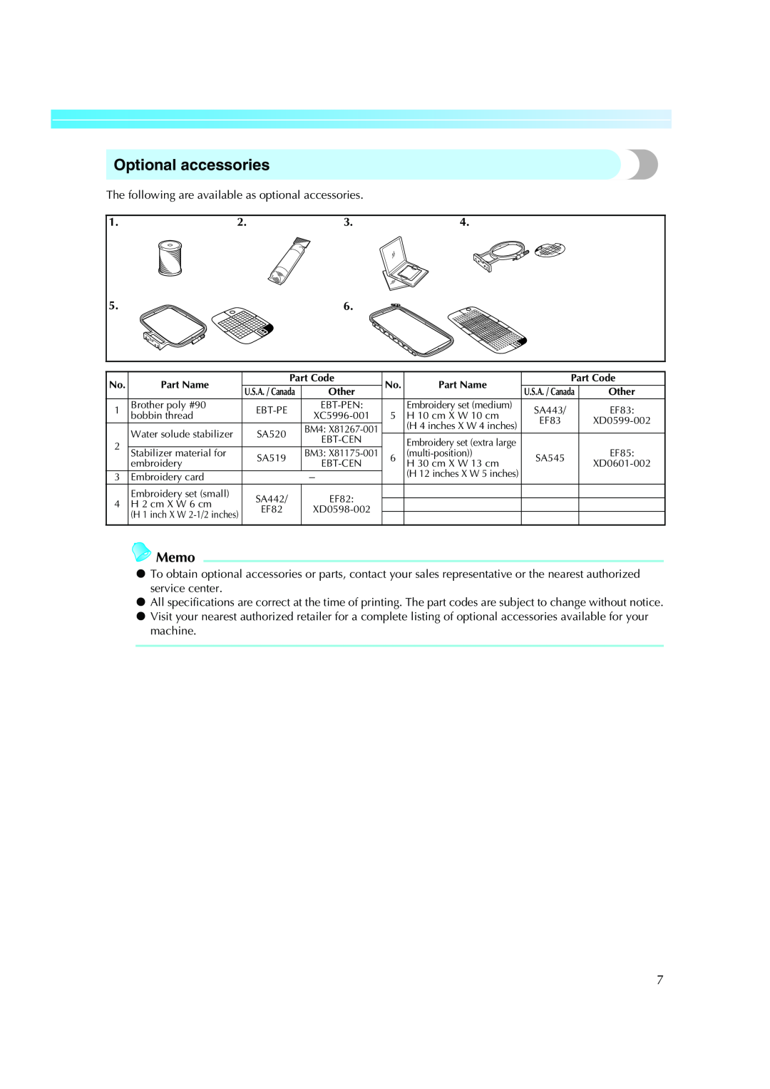 Brother Computerized Embroidery Machine operation manual Optional accessories, Memo 