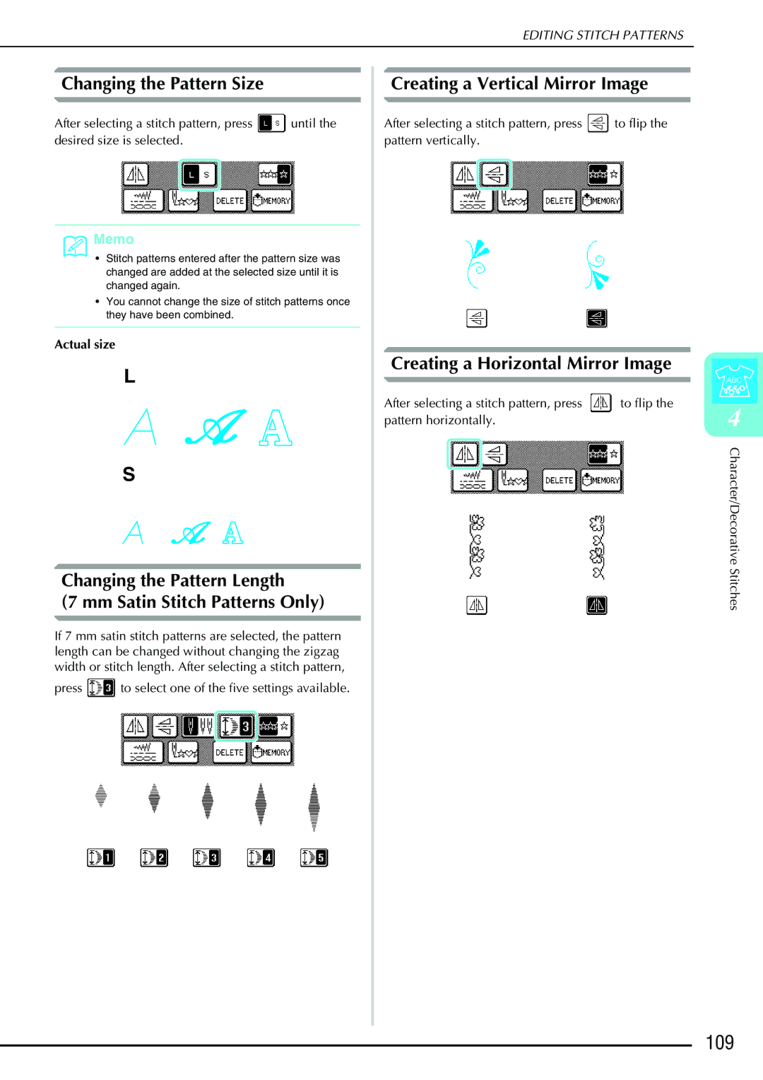 Brother Computerized Sewing and Quilting Machine 109, Changing the Pattern Size, Creating a Vertical Mirror Image 