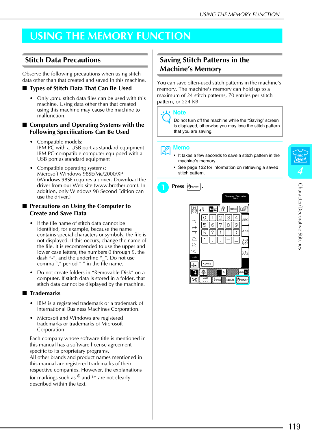 Brother Computerized Sewing and Quilting Machine operation manual Using the Memory Function, 119, Stitch Data Precautions 