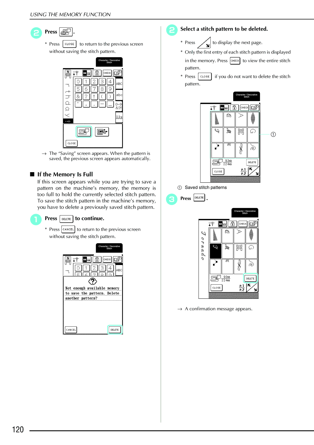 Brother Computerized Sewing and Quilting Machine operation manual 120, If the Memory Is Full, Press to continue 