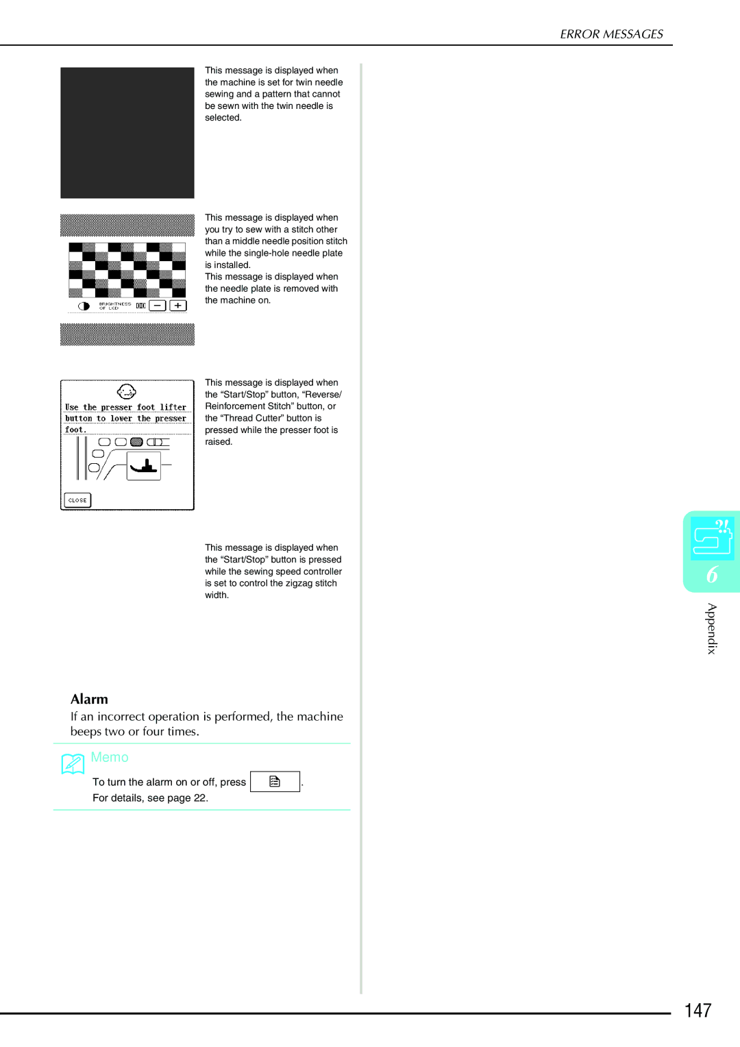 Brother Computerized Sewing and Quilting Machine operation manual 147, Alarm 