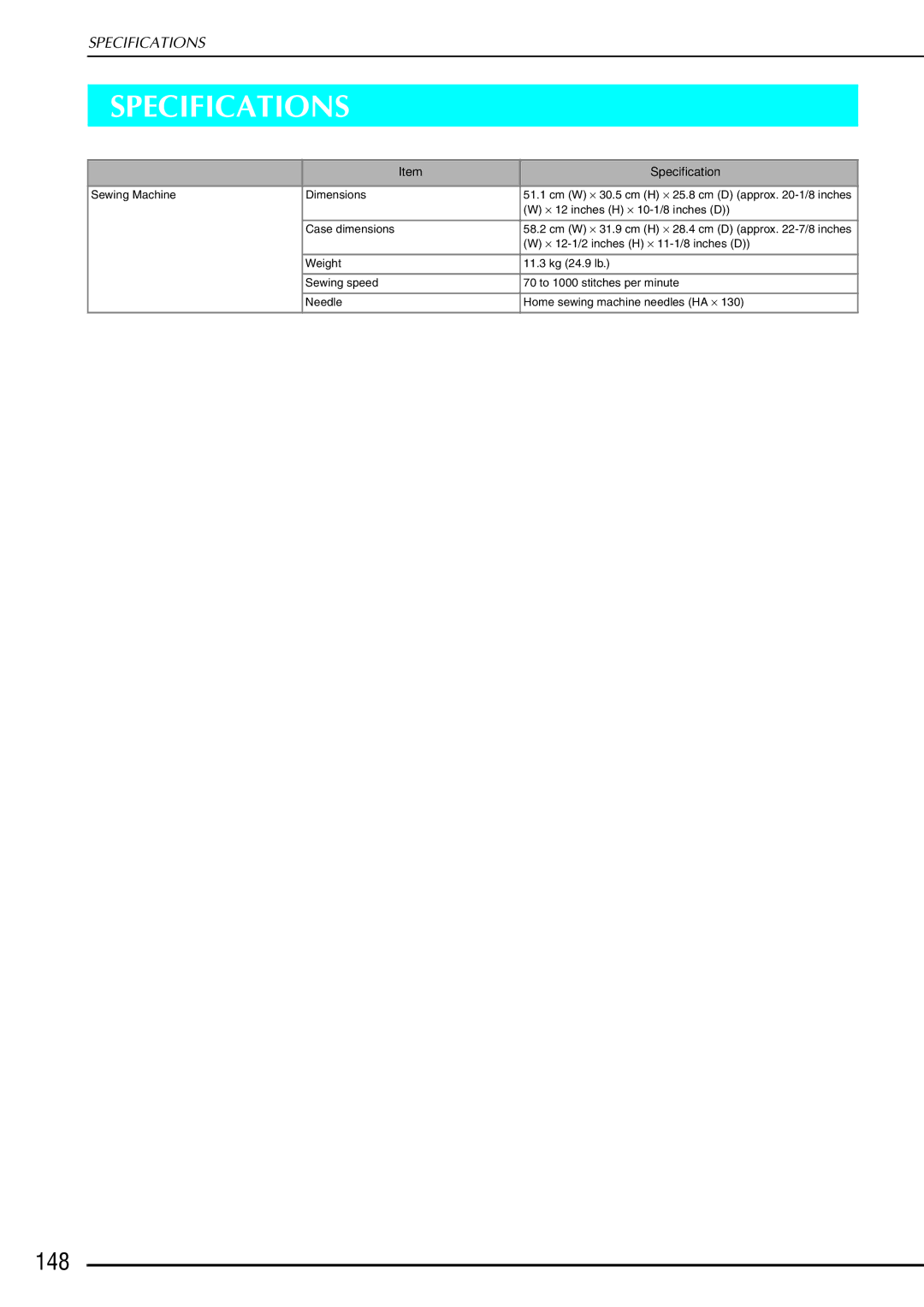 Brother Computerized Sewing and Quilting Machine operation manual Specifications, 148 