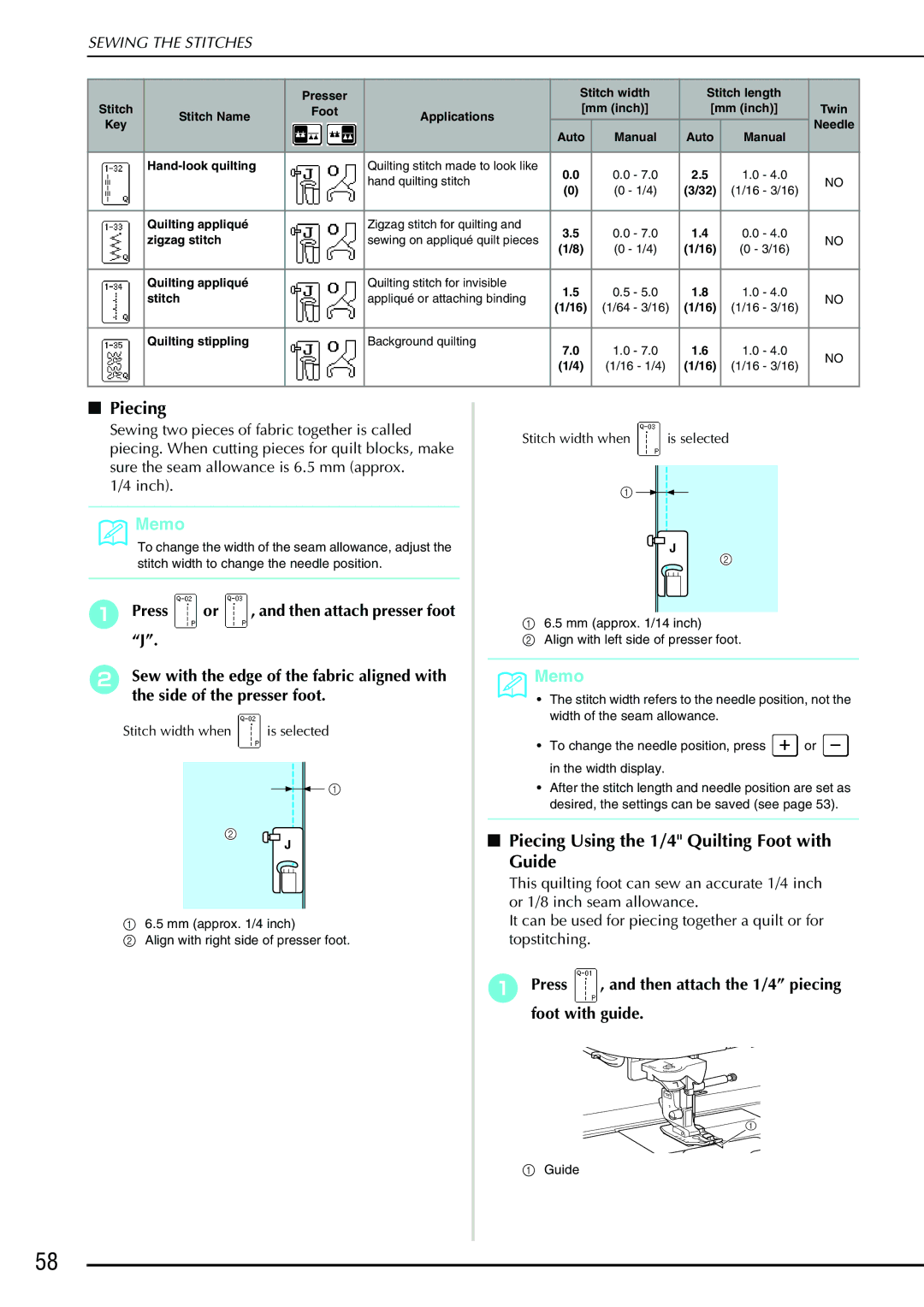 Brother Computerized Sewing and Quilting Machine operation manual Piecing Using the 1/4 Quilting Foot with Guide 