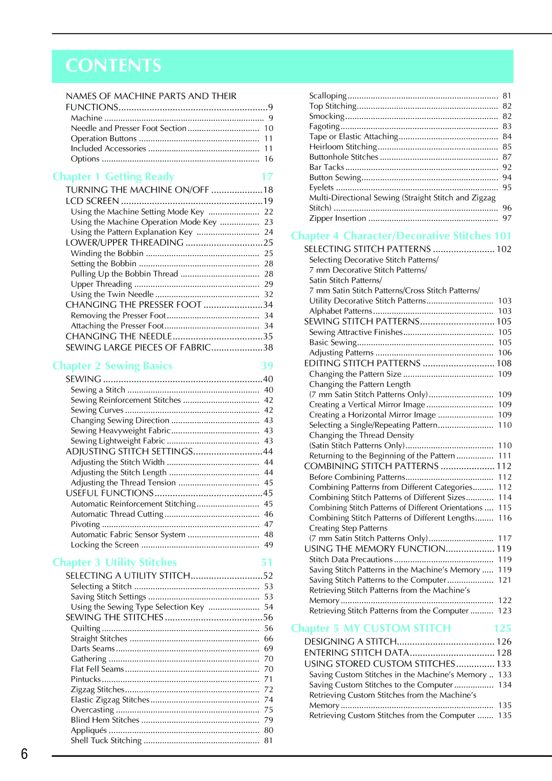 Brother Computerized Sewing and Quilting Machine operation manual Contents 