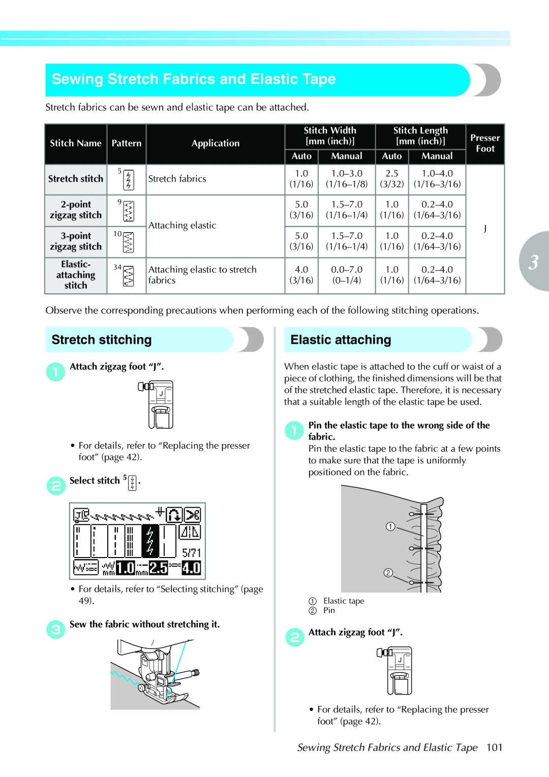 Brother CPS5XVY operation manual Sewing Stretch Fabrics and Elastic Tape, Stretch stitching, Elastic attaching, point 