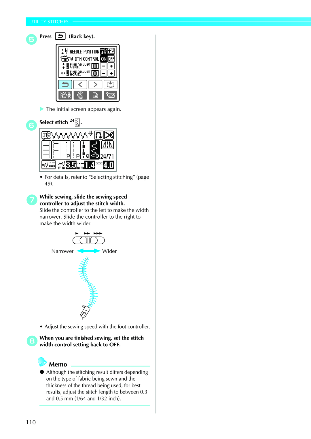 Brother CPS5XVY operation manual Memo, Utility Stitches, ePress Back key, f Select stitch 