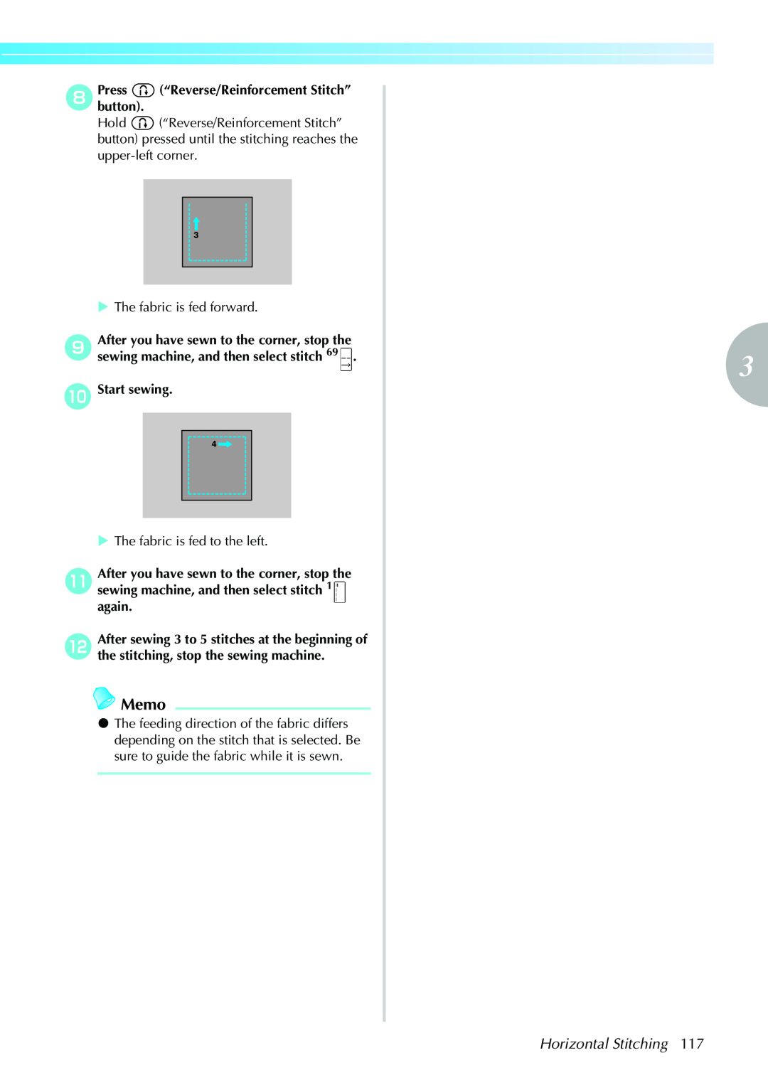 Brother CPS5XVY operation manual Horizontal Stitching, Memo, hPressbutton. “Reverse/Reinforcement Stitch”, j Start sewing 