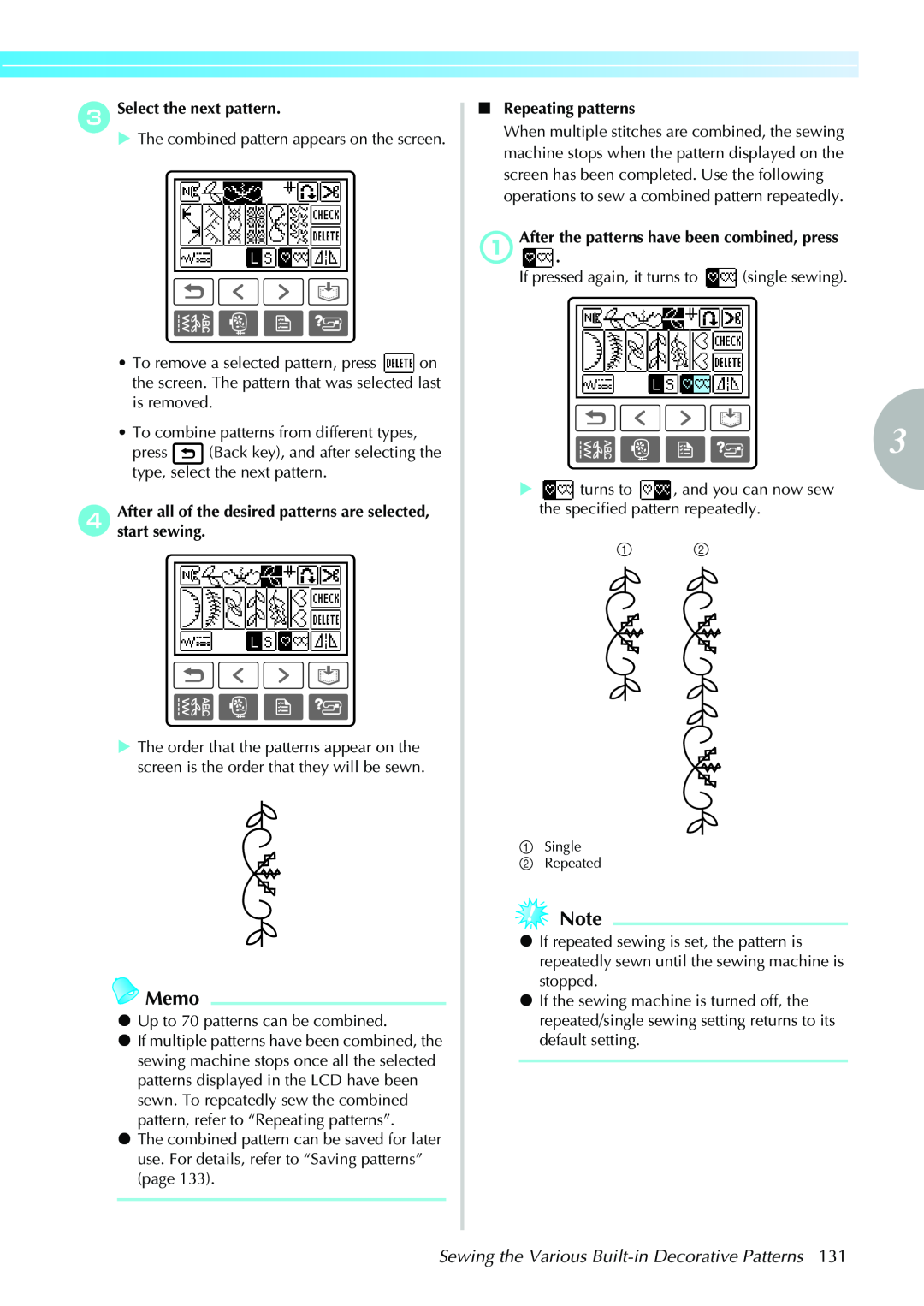 Brother CPS5XVY Memo, Sewing the Various Built-in Decorative Patterns, cSelect the next pattern, Repeating patterns 