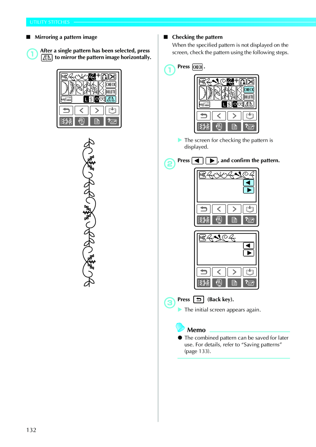 Brother CPS5XVY operation manual Memo, Utility Stitches, Mirroring a pattern image, Checking the pattern, aPress 