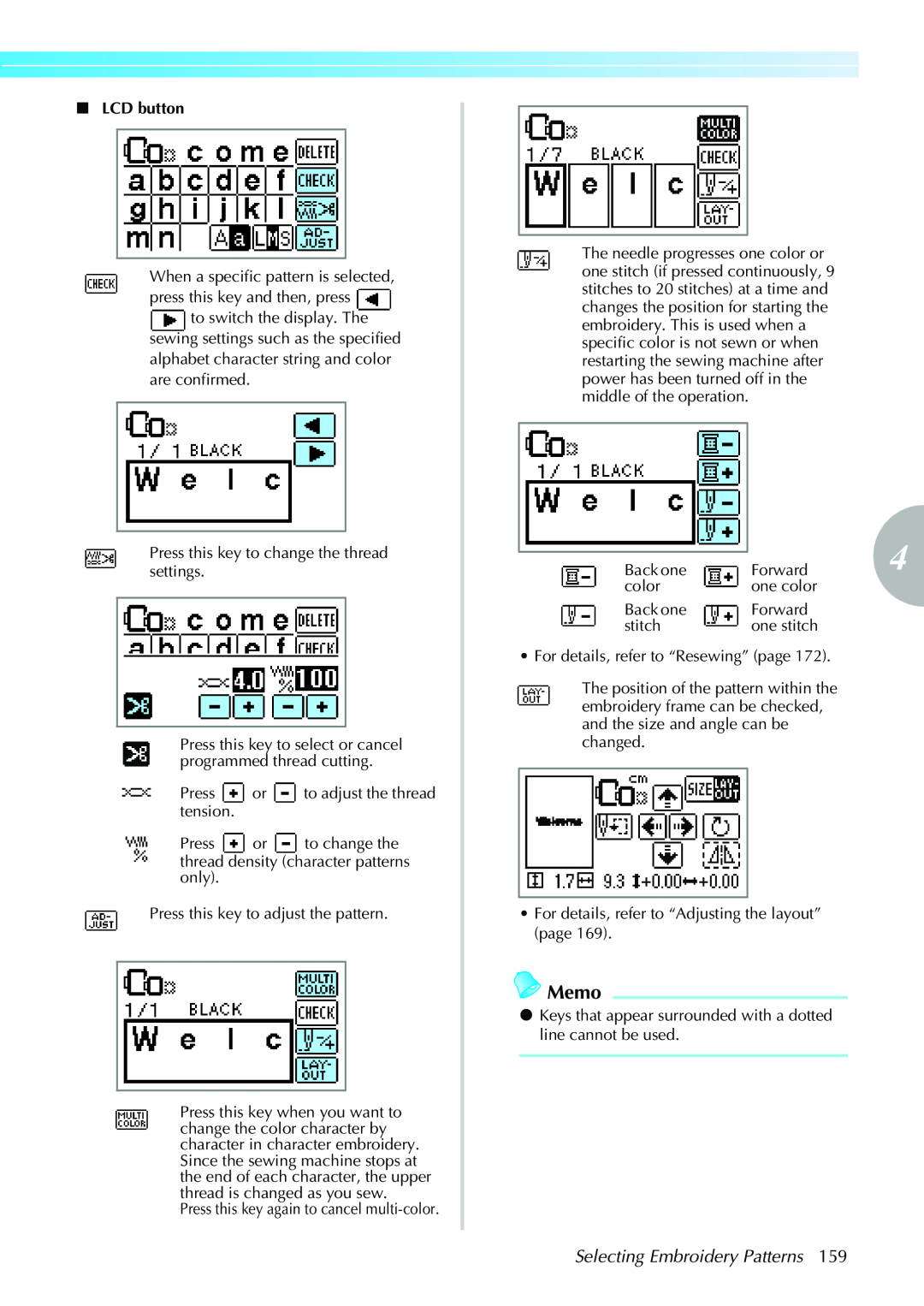 Brother CPS5XVY operation manual Memo, Selecting Embroidery Patterns, LCD button 