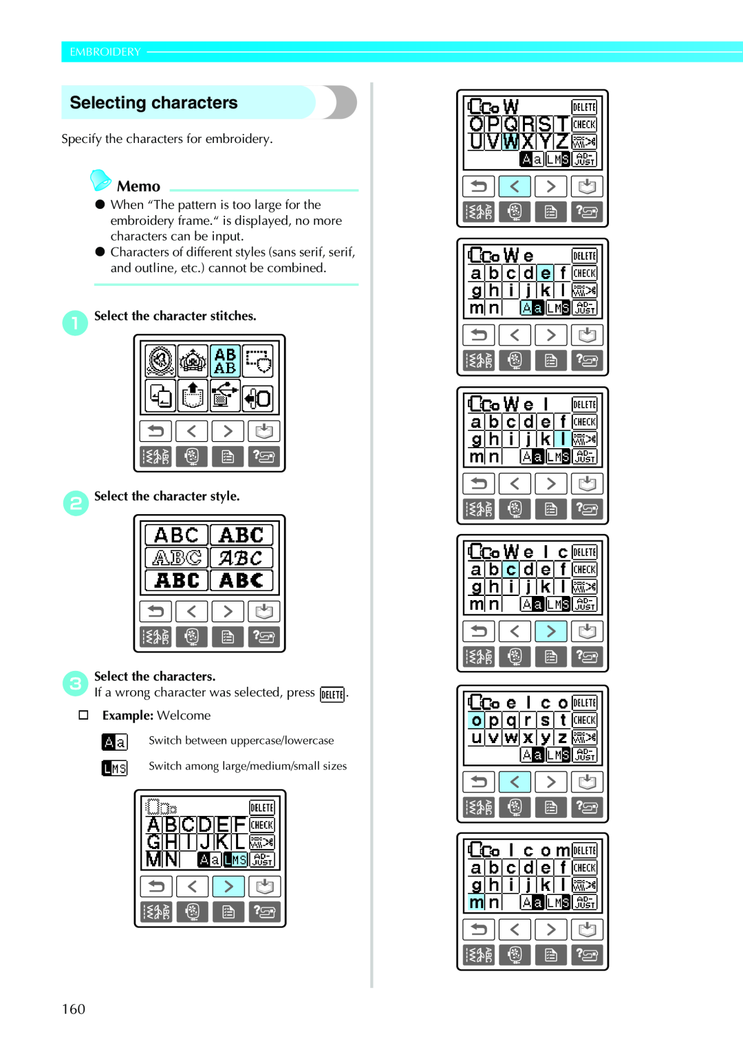 Brother CPS5XVY Selecting characters, Memo, Embroidery, a Select the character stitches bSelect the character style 