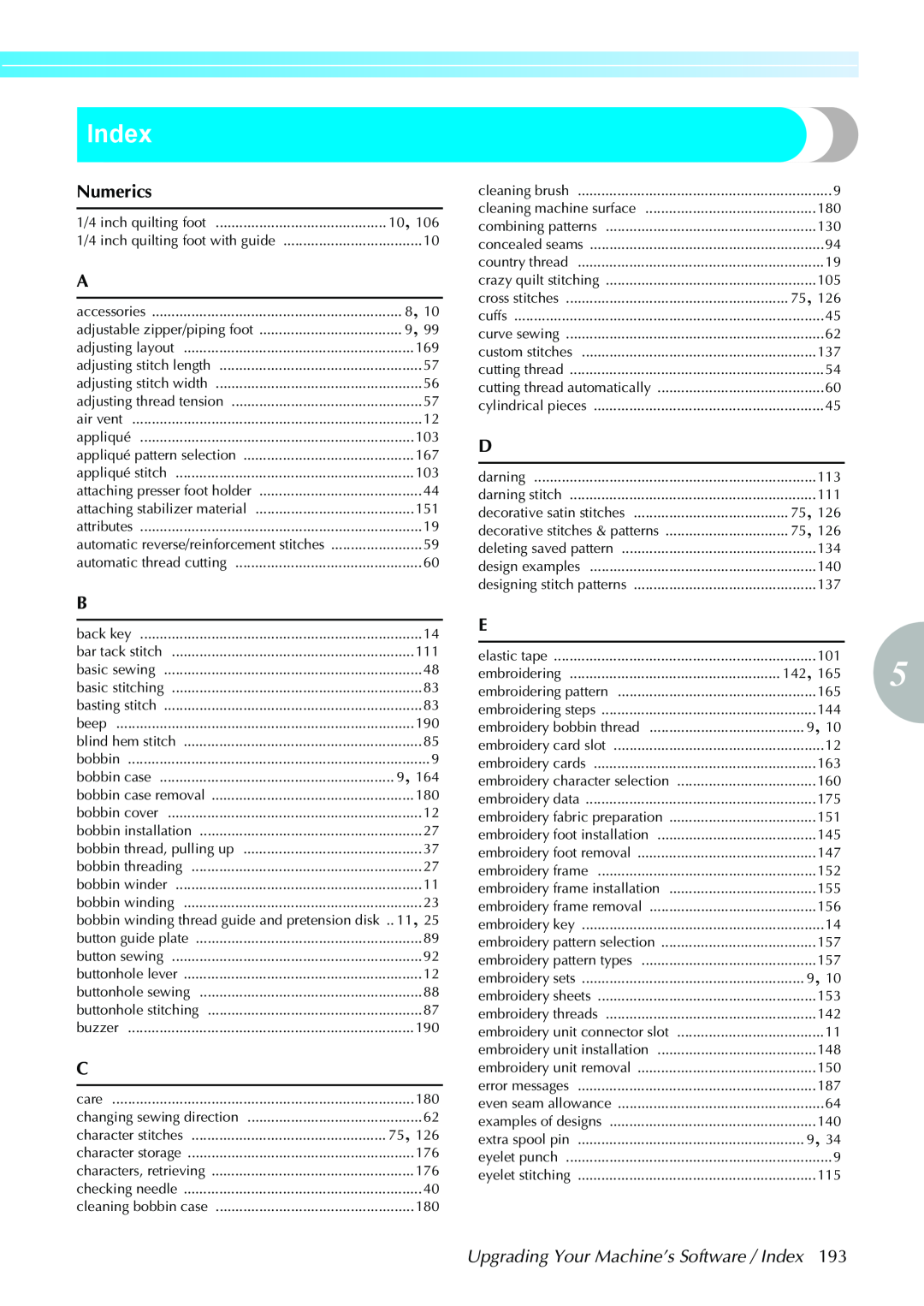 Brother CPS5XVY operation manual Numerics, Upgrading Your Machine’s Software / Index 