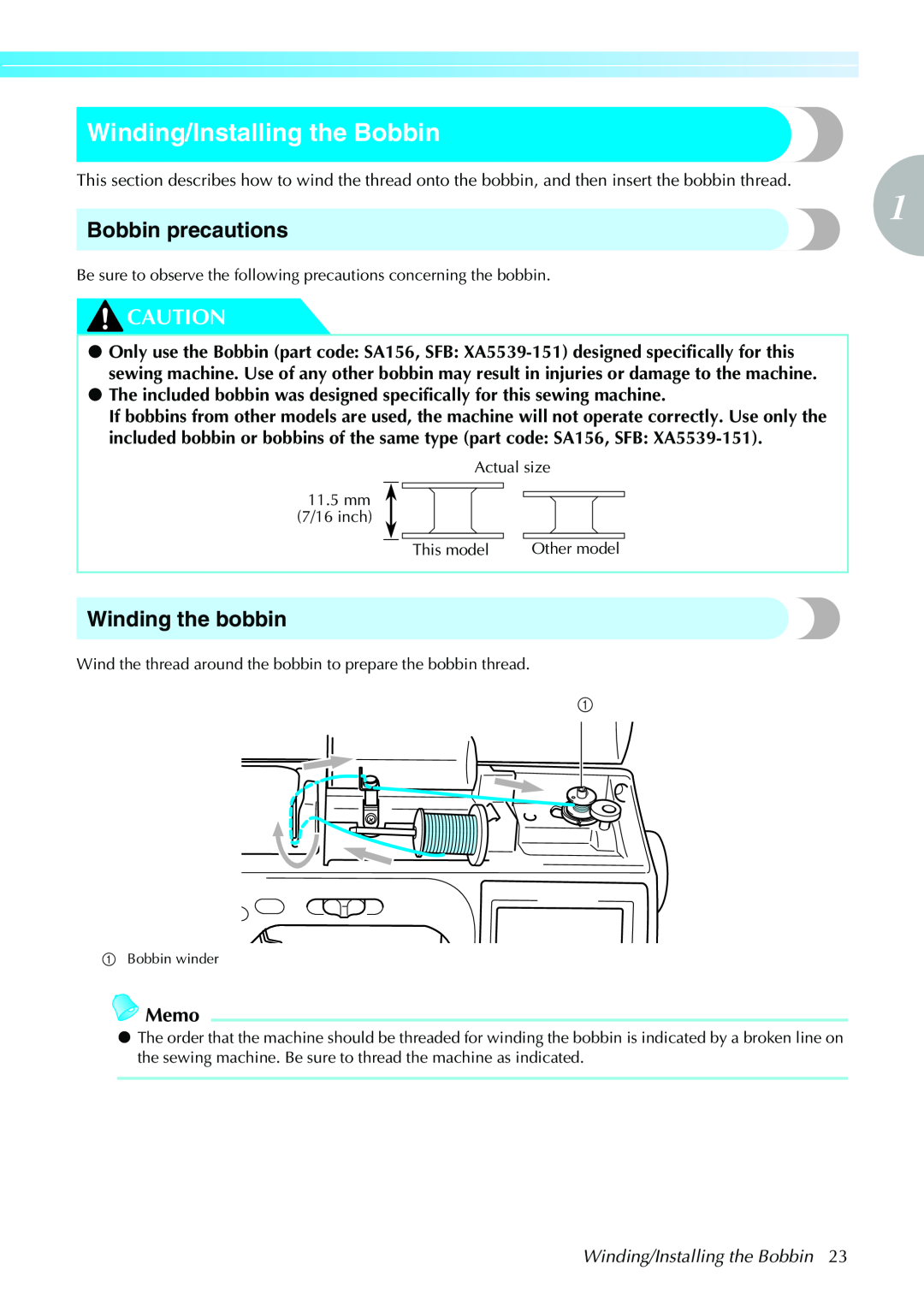 Brother CPS5XVY operation manual Winding/Installing the Bobbin, Bobbin precautions, Winding the bobbin, Memo 