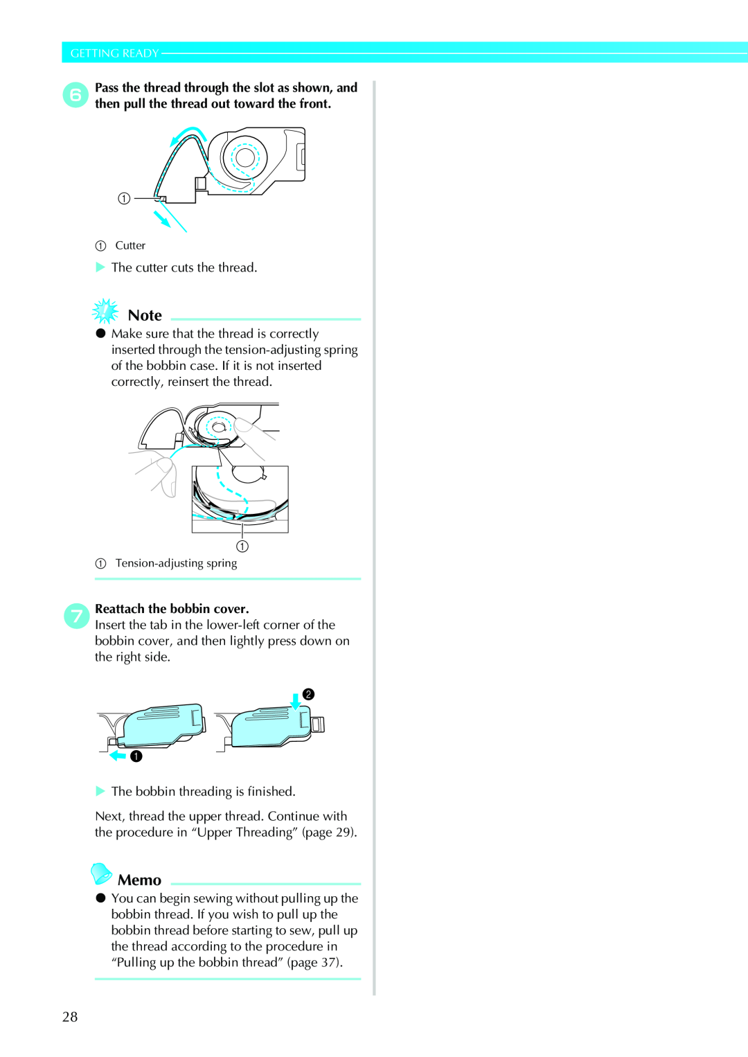 Brother CPS5XVY operation manual Memo, Getting Ready, gReattach the bobbin cover 