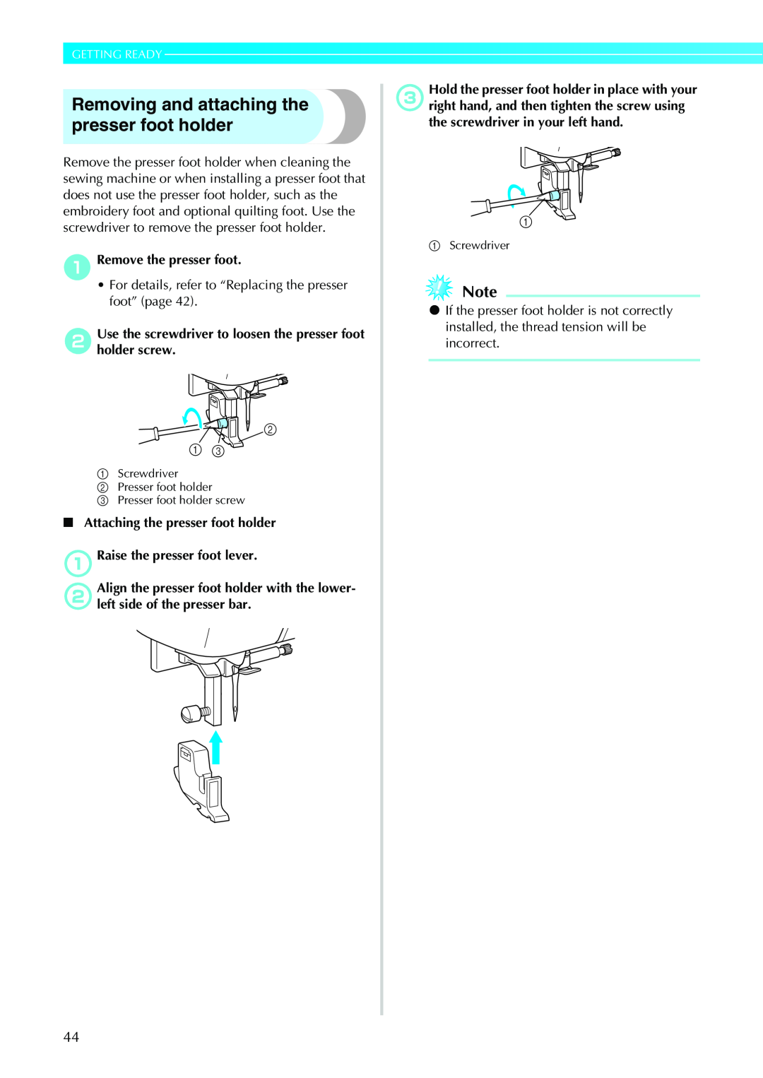 Brother CPS5XVY operation manual Removing and attaching the presser foot holder, Getting Ready 