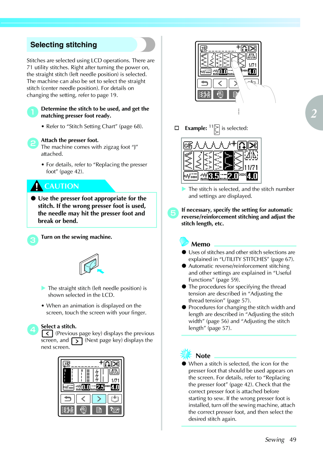 Brother CPS5XVY operation manual Selecting stitching, Sewing, Memo 