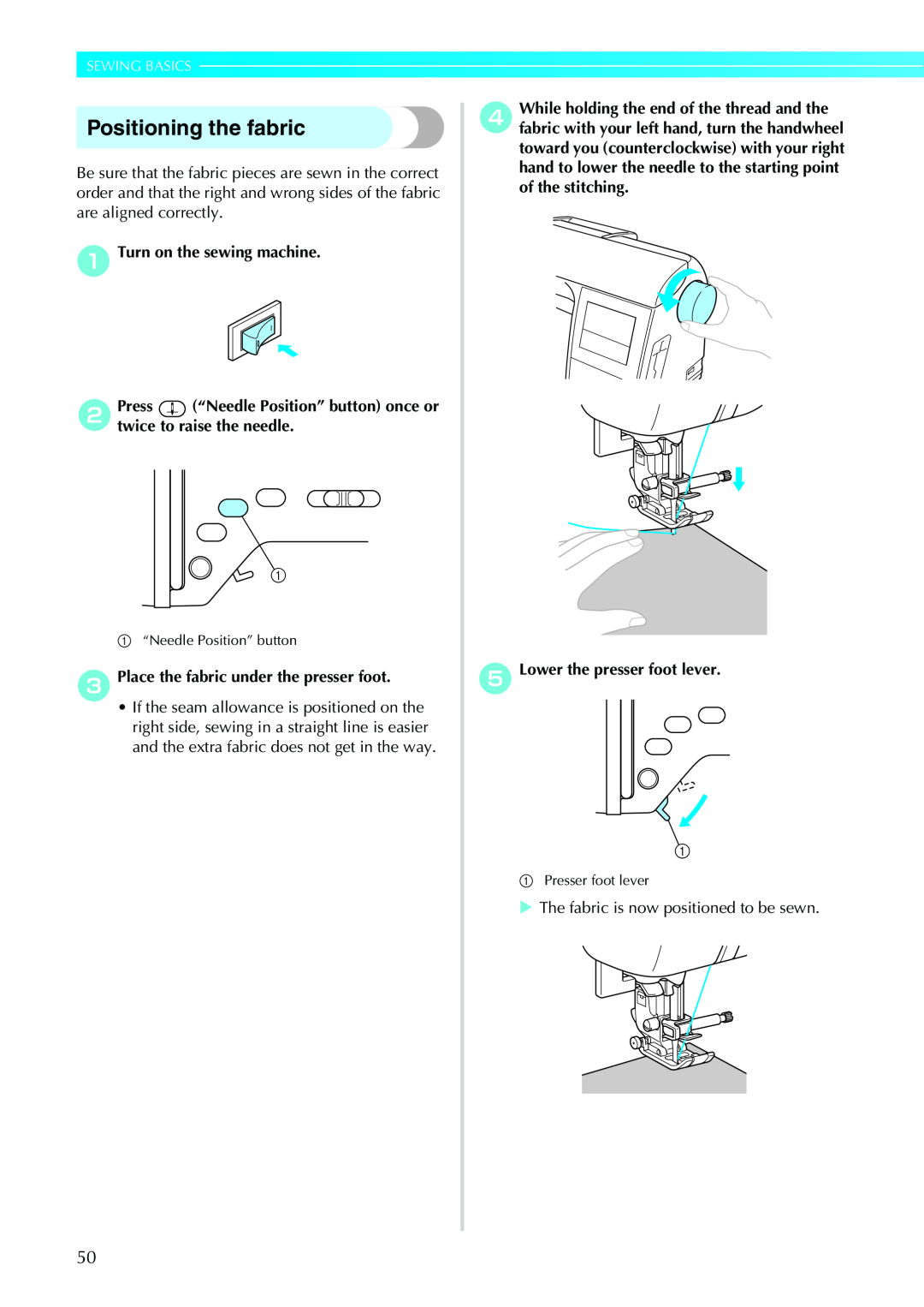 Brother CPS5XVY operation manual Positioning the fabric, Sewing Basics, X The fabric is now positioned to be sewn 