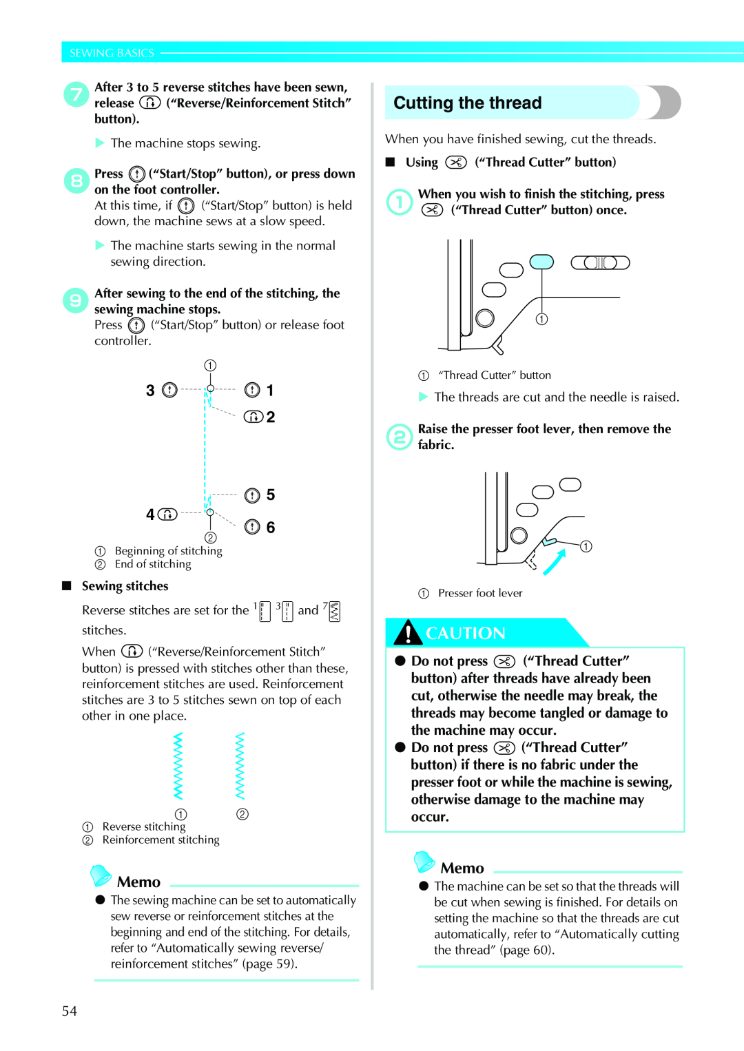 Brother CPS5XVY Cutting the thread, Memo, Sewing Basics, gAfter 3 to 5 reverse stitches have been sewn, Sewing stitches 