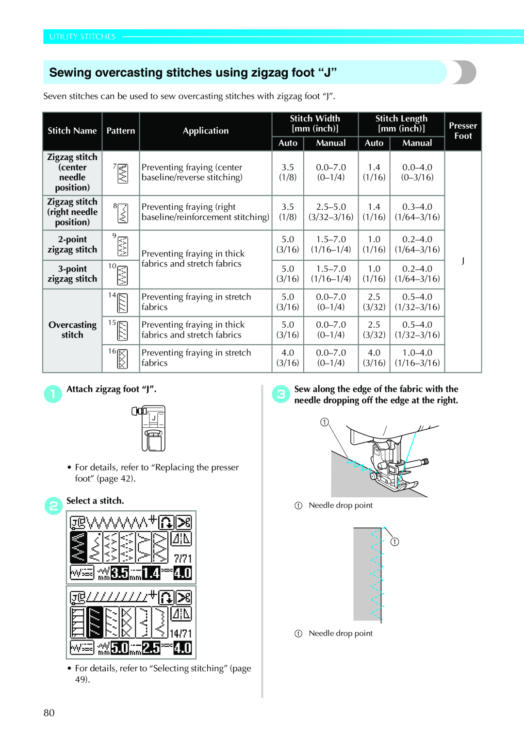 Brother CPS5XVY operation manual Sewing overcasting stitches using zigzag foot “J”, Utility Stitches, point 