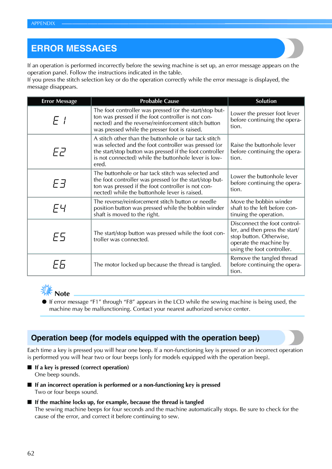 Brother CS 100T operation manual Error Messages, Operation beep for models equipped with the operation beep 