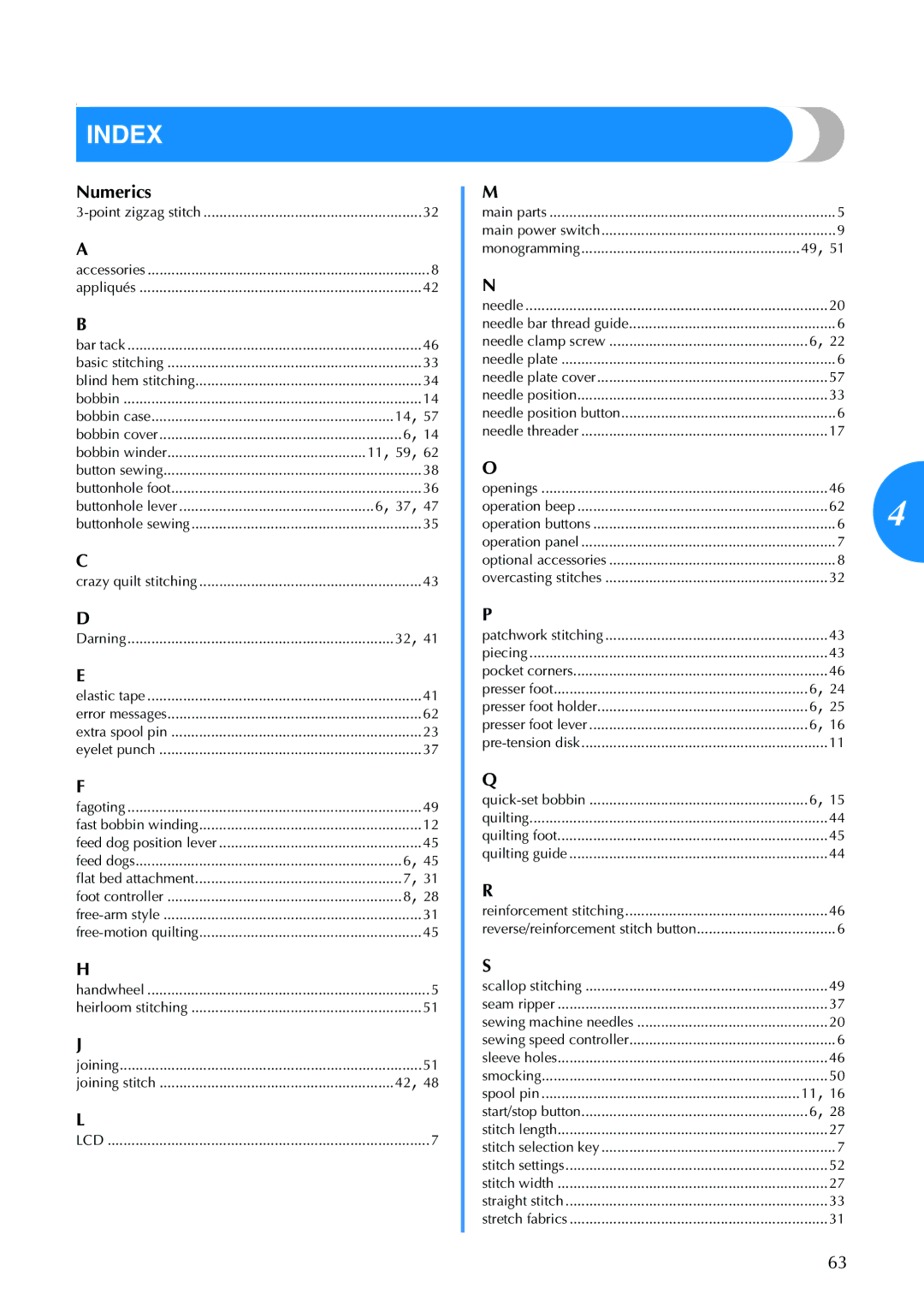 Brother CS 100T operation manual Index, Numerics 