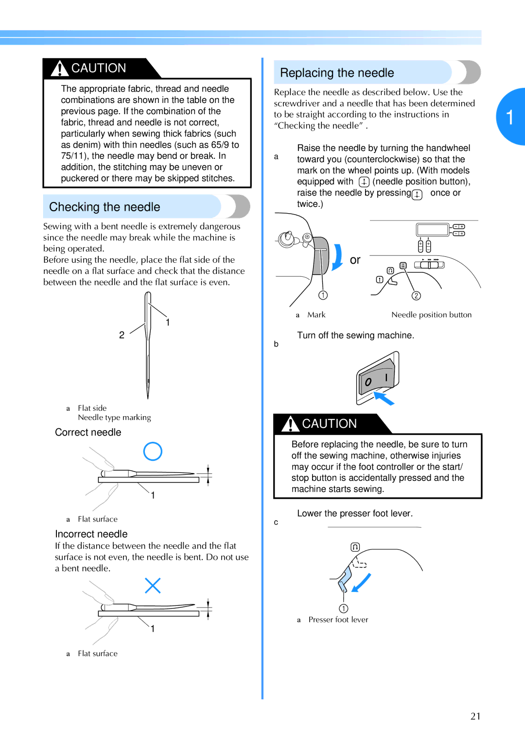 Brother CS-770 operation manual Checking the needle, Replacing the needle, Correct needle, Incorrect needle 