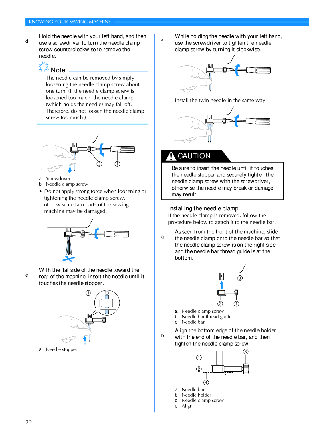 Brother CS-770 operation manual Installing the needle clamp 