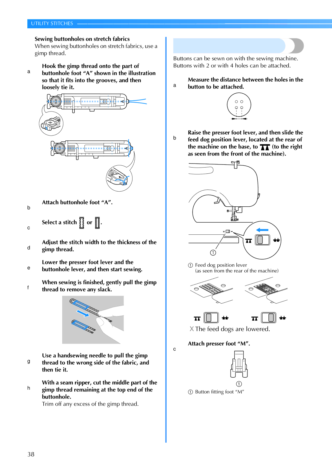 Brother CS-770 operation manual Button sewing, Sewing buttonholes on stretch fabrics, CAttach presser foot M 