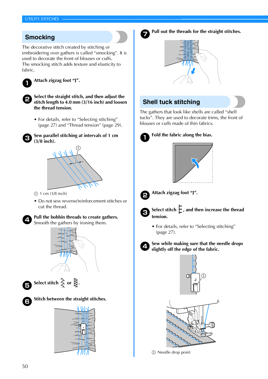 Brother CS-770 operation manual Smocking, Shell tuck stitching, Sew parallel stitching at intervals of 1 cm 3/8 inch 