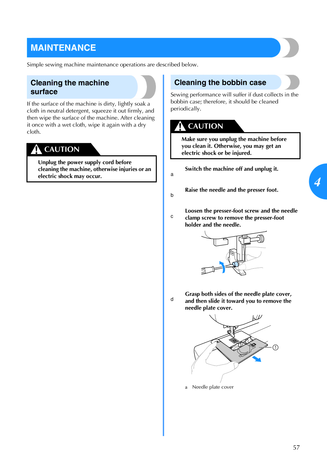 Brother CS-770 operation manual Maintenance, Cleaning the machine surface, Cleaning the bobbin case 