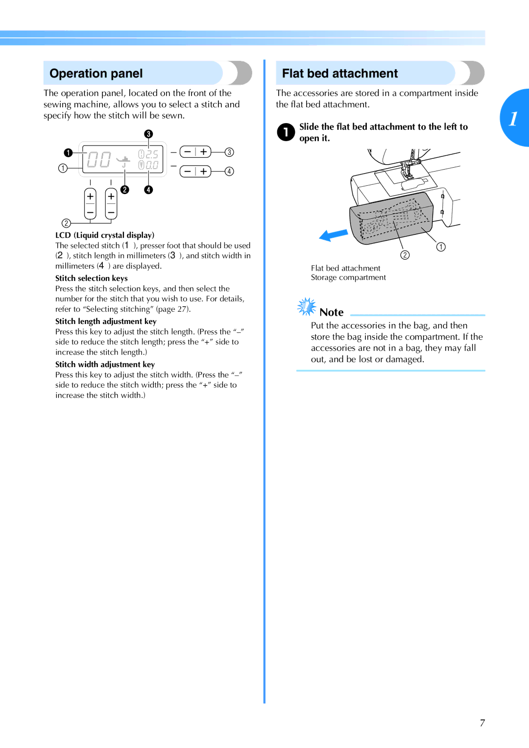 Brother CS-770 operation manual Operation panel, Flat bed attachment, ASlideopen theit. flat bed attachment to the left to 