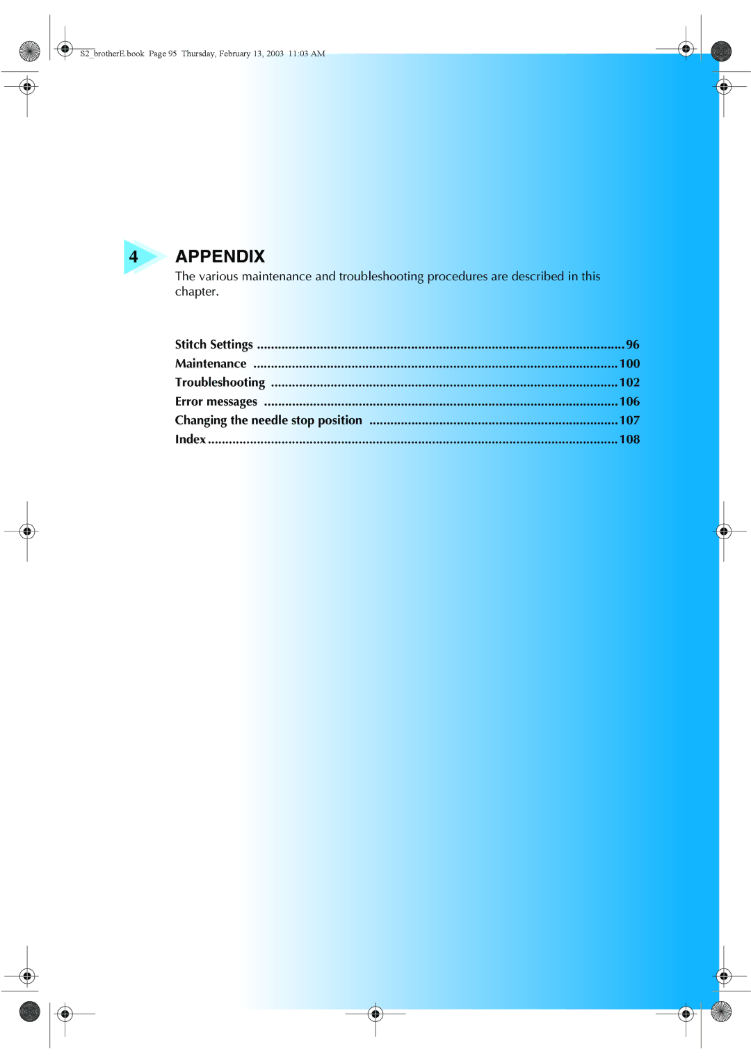 Brother CS 80 manual Appendix, Stitch Settings Maintenance 