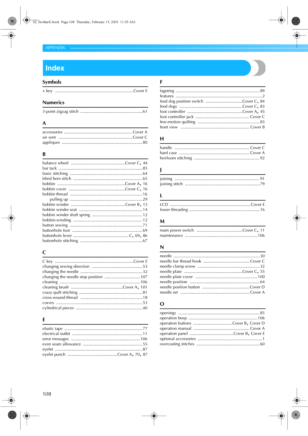 Brother CS 80 manual Index, Numerics 