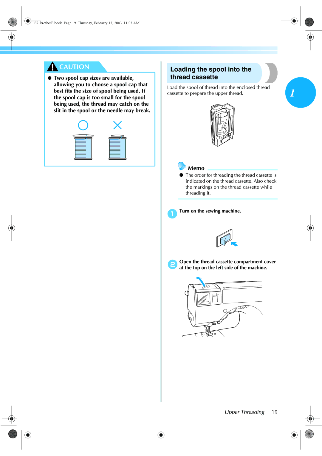 Brother CS 80 manual Loading the spool into the thread cassette, Upper Threading 