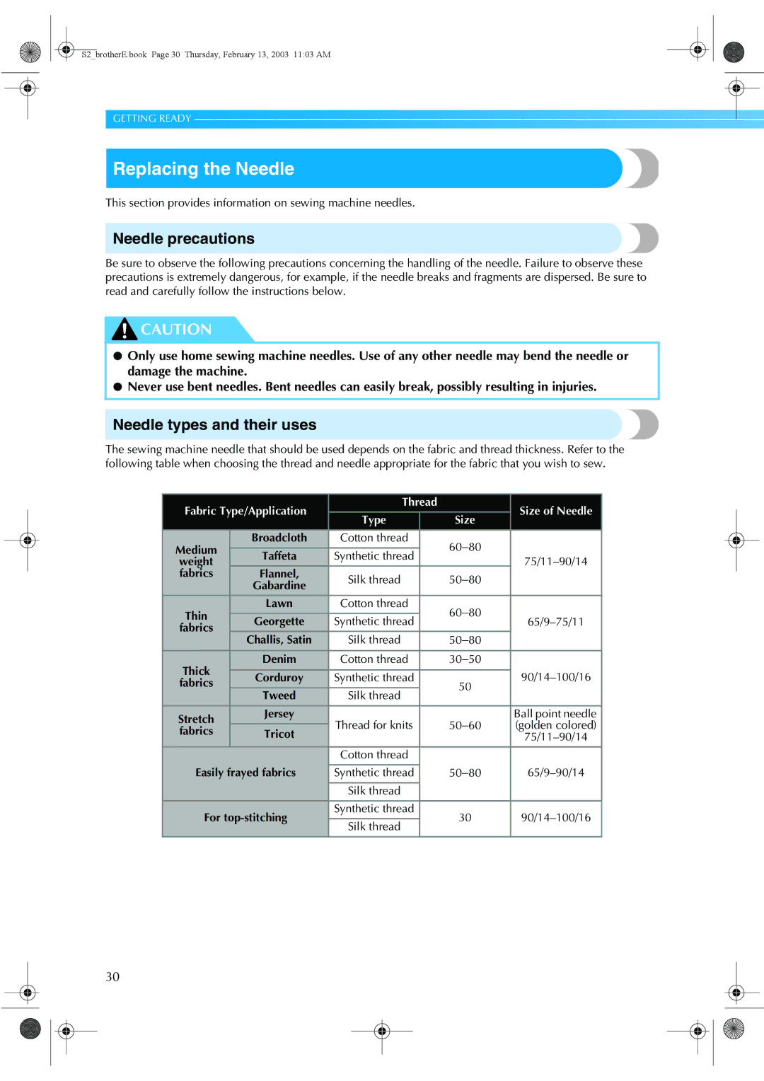 Brother CS 80 manual Replacing the Needle, Needle precautions, Needle types and their uses, Fabrics 