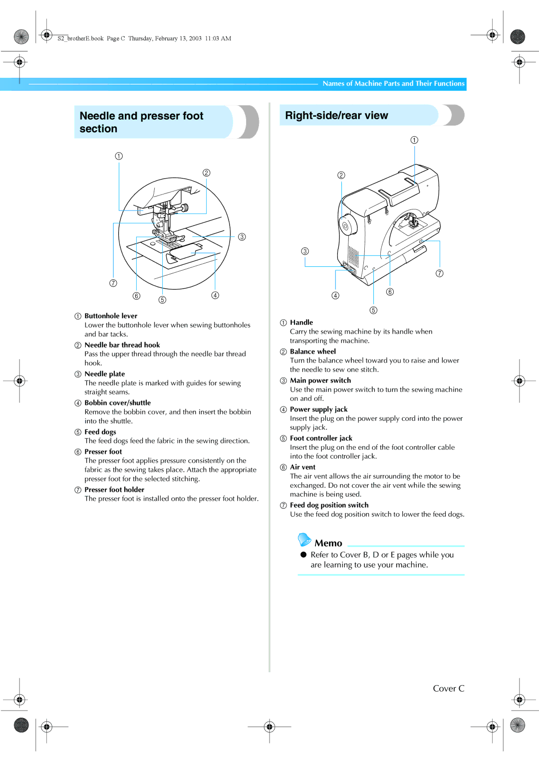 Brother CS 80 manual Needle and presser foot section Right-side/rear view, Presser foot 