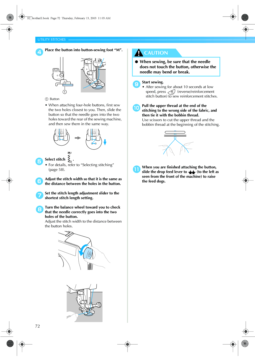 Brother CS 80 manual Place the button into button-sewing foot M, 5Select stitch 