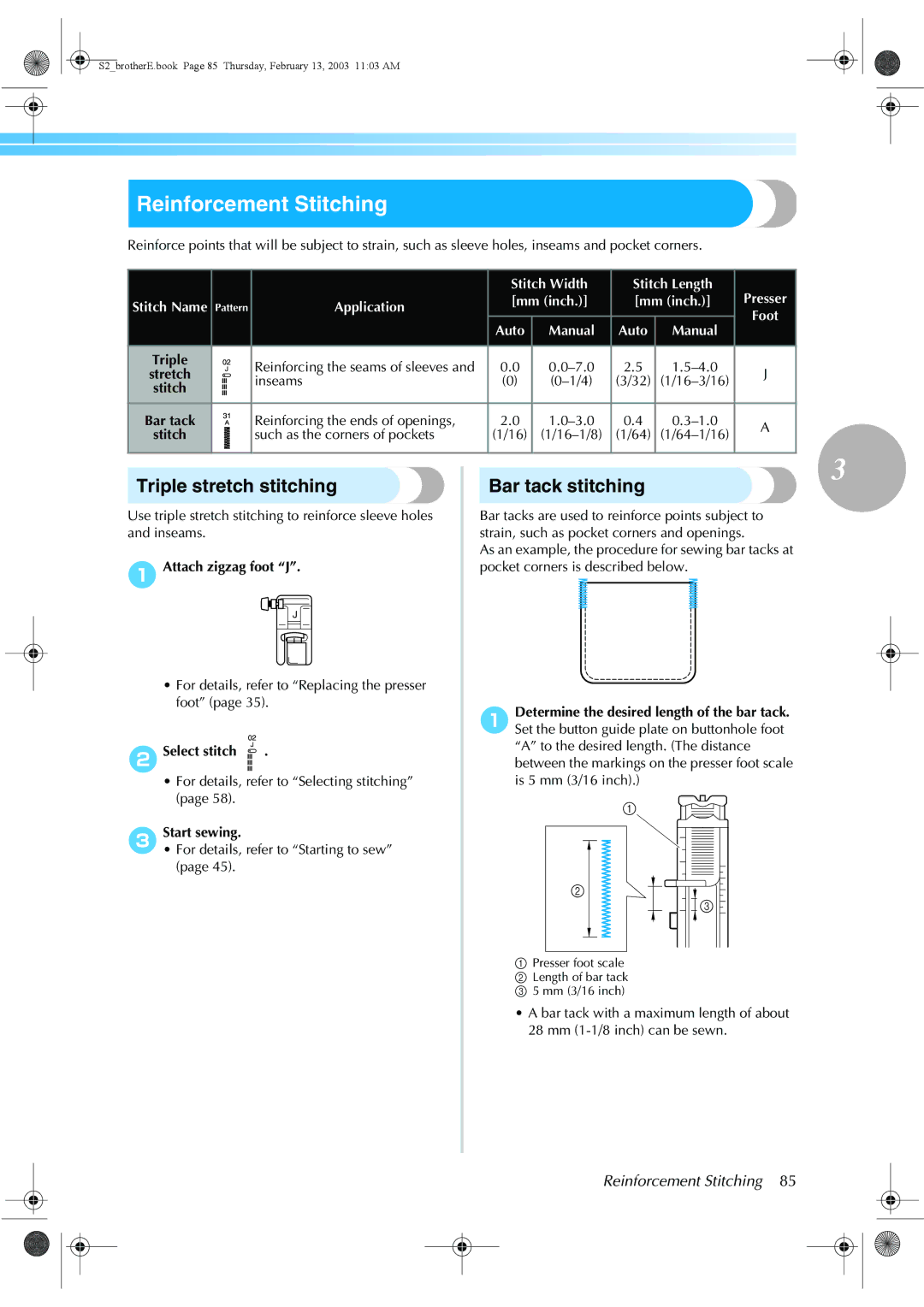 Brother CS 80 manual Reinforcement Stitching, Triple stretch stitching Bar tack stitching, Inseams 