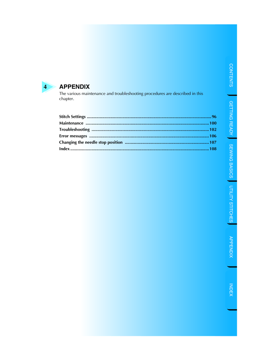 Brother CS 8060 manual Appendix, Stitch Settings Maintenance 