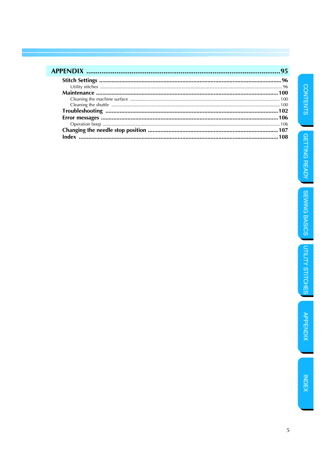 Brother CS 8060 Stitch Settings, Maintenance, Troubleshooting, Error messages, Changing the needle stop position, Index 