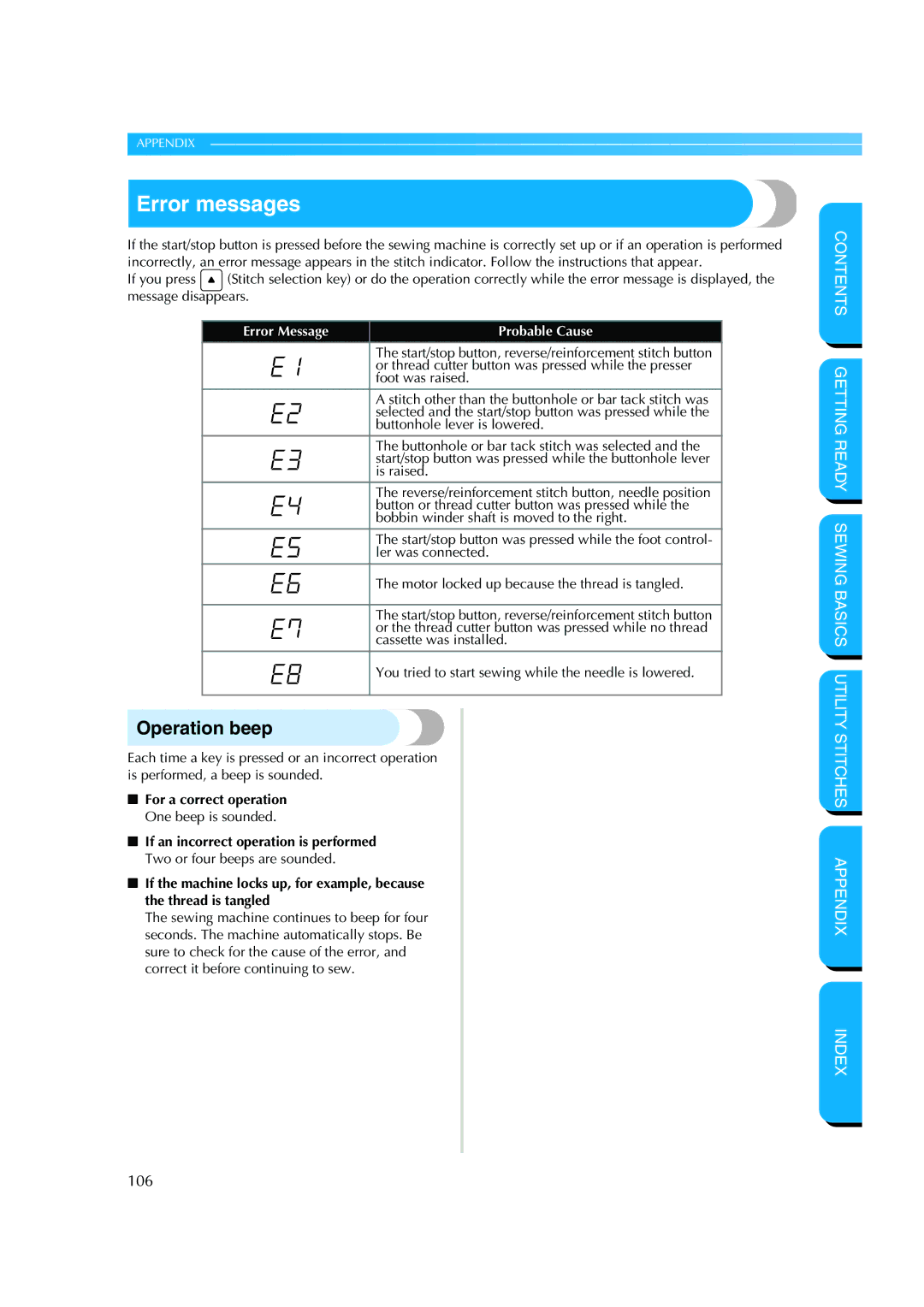 Brother CS 8060 manual Error messages, Operation beep 