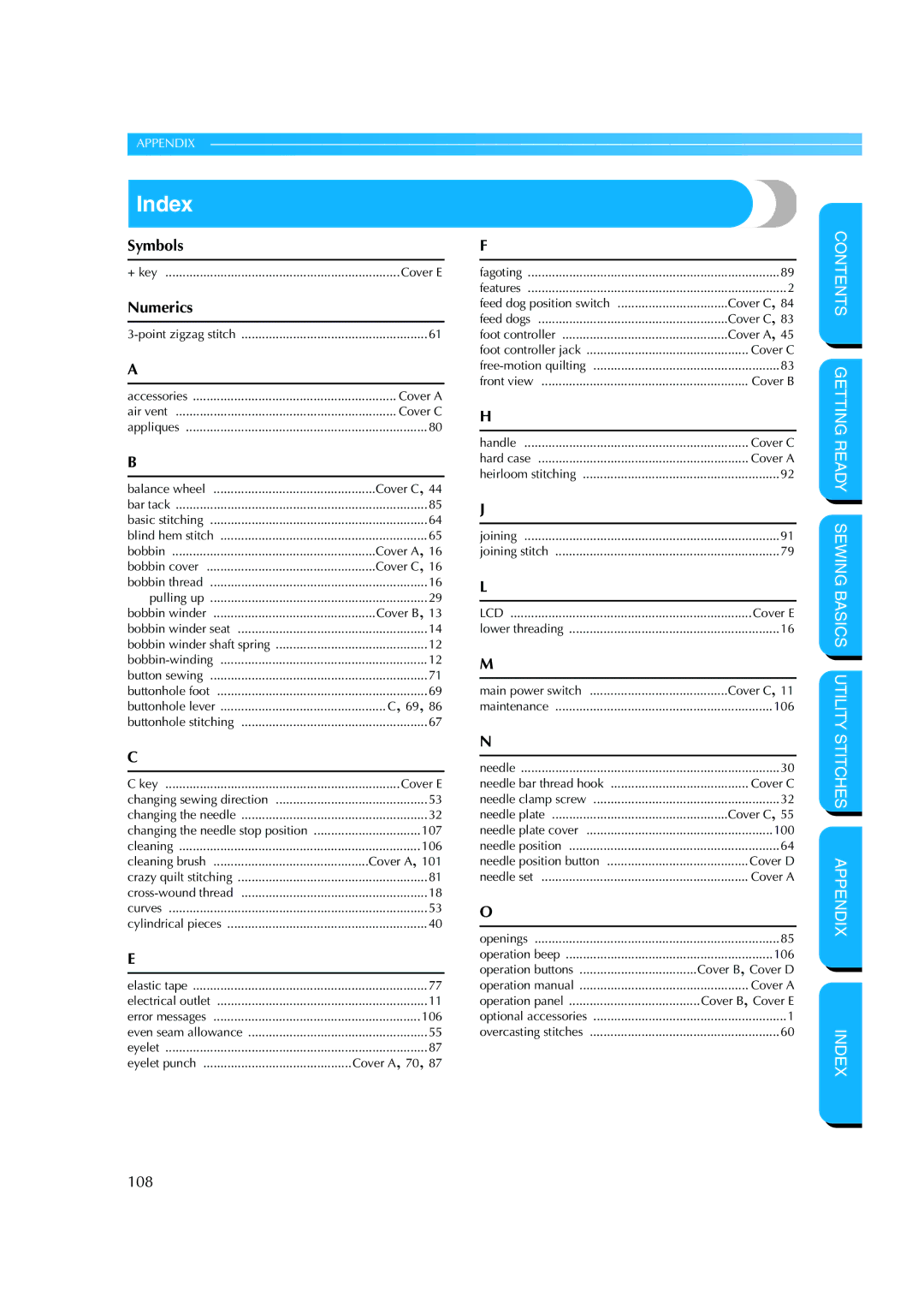 Brother CS 8060 manual Index, Numerics 